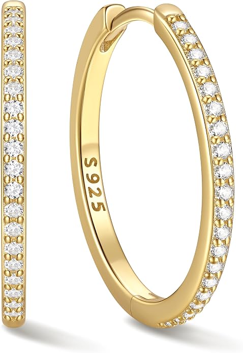 ChicSilver 925 Sterling Silver Huggie Earrings for Women 14K Gold Plated Silver Hoop Earrings for Women Hypoallergenic Small Cubic Zirconia Huggie Earring (6/8/10/12/14/16/18/20mm)