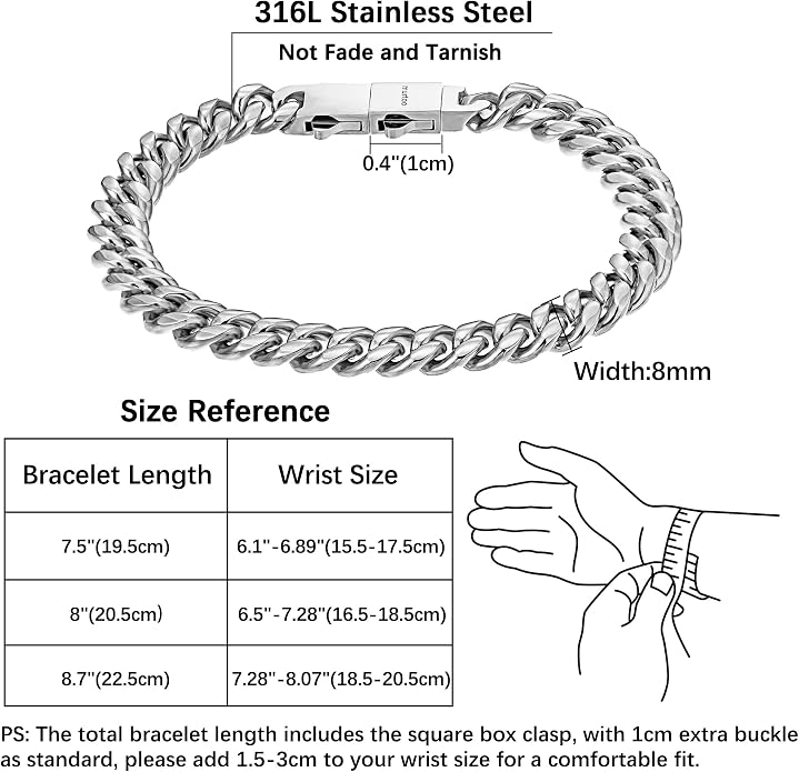 murtoo Mens Cuban Link Chain Bracelet, 6/8/12MM Stainless Steel Bracelets for Men Silver Black Gold, Hip Hop Link Bracelet with Detachable Clasp Gift for Men Him