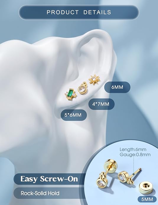 ORAZIO 925 Sterling Silver Flat Back Stud Earrings for Women Hypoallergenic 14K Gold Plated Cartilage Earrings for Sensitive Ears Small CZ Opal Conch Helix Tragus Piercing Jewelry 3 Pairs 20G