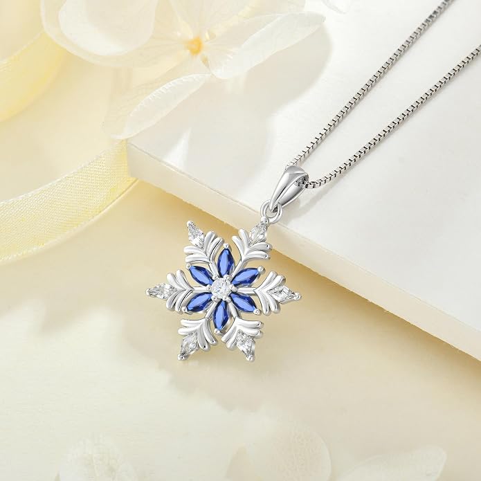 925 Sterling Silver Snowflake Necklace for Women Birthstone Snowflake Pendant Necklace Cubic Zirconia Christmas Jewelry