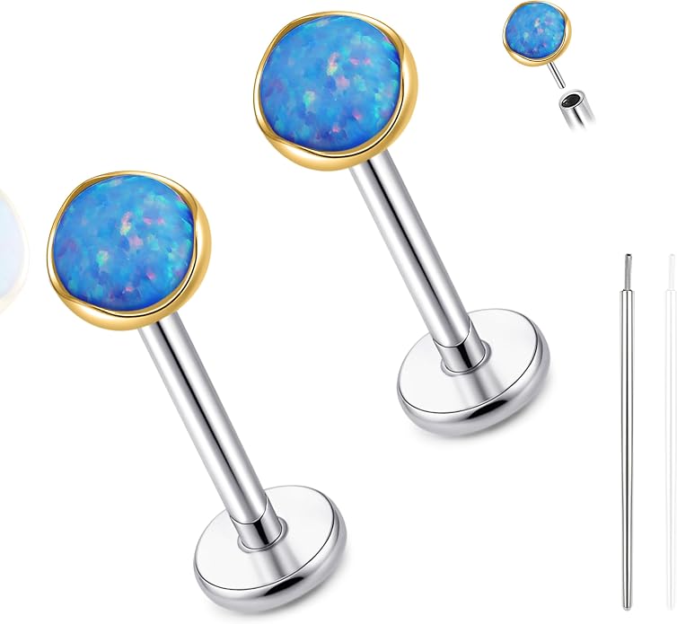 limerencia 18G Hypoallergenic Titanium Opal Threadless Nose Stud Earrings, 2PC Flat Back Push in Stud Earrings Labret Medusa Monroe Helix Cartilage Tragus Conch Piercing Jewelry for Women Men