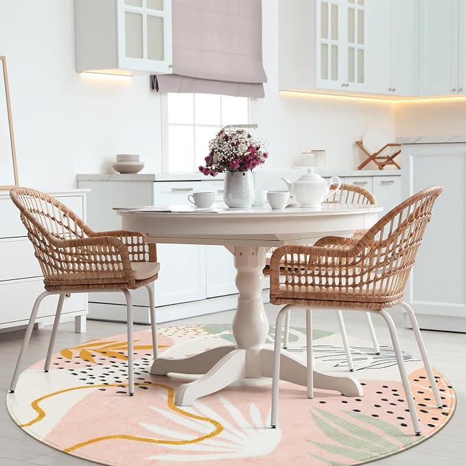 Lahome Pink Round Rug 7Ft - Washable Boho Area Rug for Living Room & Dining Room, 7'x7' Soft Non-Slip Ultra-Thin Botanical Print Carpet for Bedroom & Office