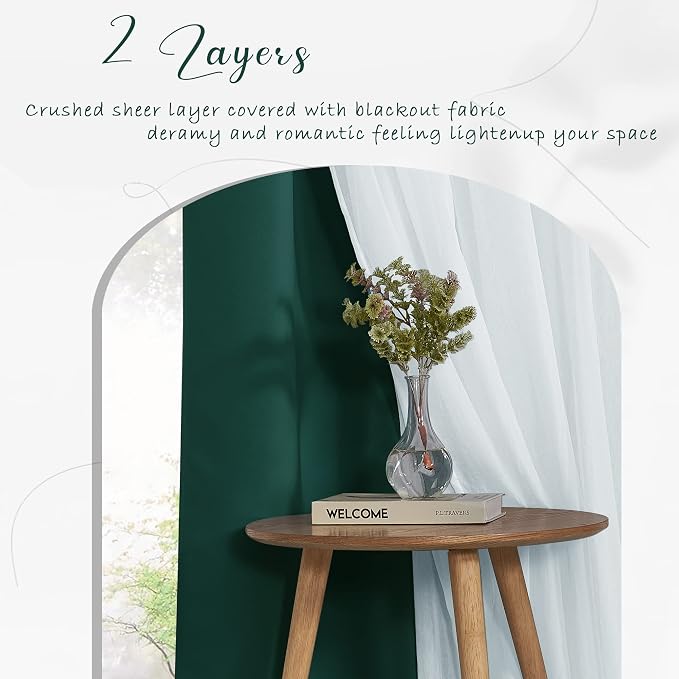 PONY DANCE Blackout Curtains 84 inches Long - Curtains for Living Room Double Layer Drapes White Sheer Overlay Light Block Room Decor, 52 by 84 inches, Hunter Green, 2 PCs