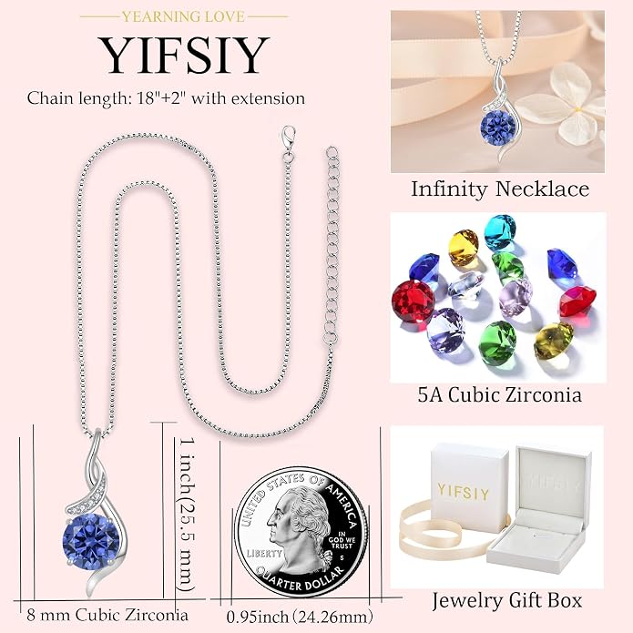 Women‘s Birthstone Pendant Necklace S925 Sterling Silver Imitation Diamond Infinity Necklace Jewelry Gift for Her