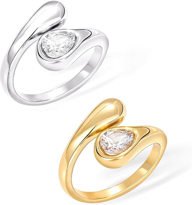 Non Tarnish Gold Chunky Rings for Women, 14K Gold Plated Statement Dome Rings Stacking Silver, Adjustable Mens Eternity Wedding Band Mixed Metal Jewelry Size 3-13