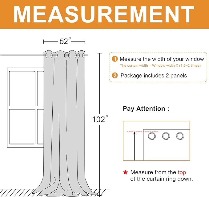 Hiasan Blackout Curtains for Bedroom, 52 x 102 Inches Long - Thermal Insulated & Light Blocking Window Curtains for Living Room, 2 Drape Panels Sewn with Tiebacks, Light Grey