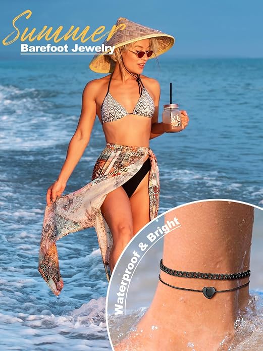 U7 2Pcs/3Pcs Ankle Bracelets for Women, Stainless Steel Cuban Link/Figaro/Rope/Heart Chain Anklets Sets,Waterproof Layered Anklets Adjustable 8.5"-10.5"