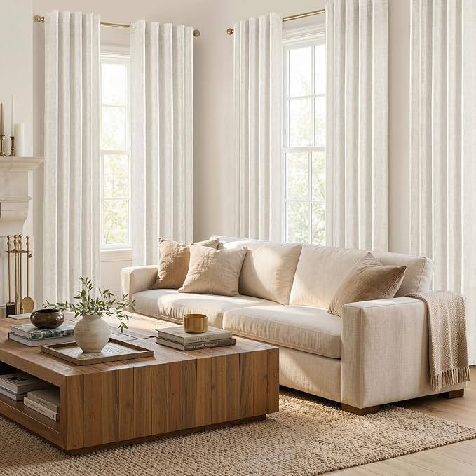 MIULEE Thick Linen Curtains, 42Wx108L, Neutral Ivory Semi Sheer | Light Filtering Window Privacy Drapes with Back Tab Rod Pocket for Farmhouse/Living Room/Bedroom, Set of 2