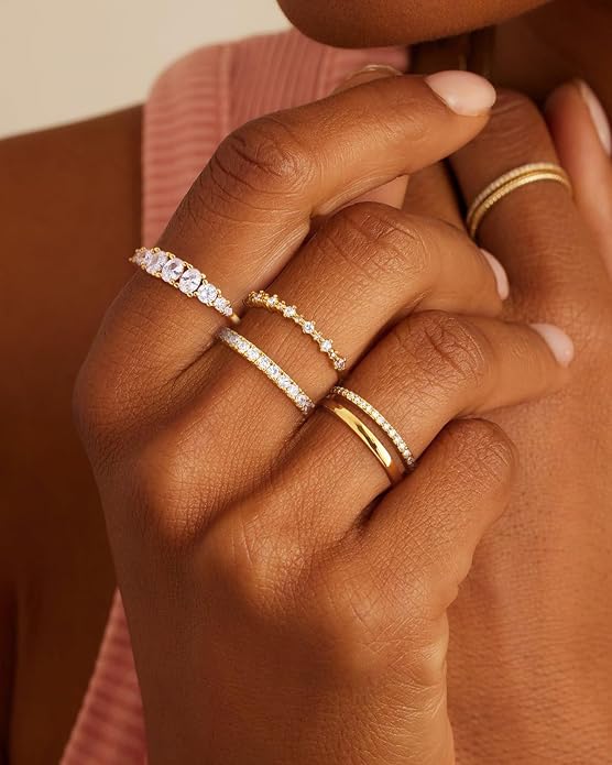 Stackable Silver/Gold Rings for Women Non Tarnish Trendy Dainty 14K Gold Plated Stacking Cubic Zirconia Thumb Ring Set Minimalist Promise Wedding Bands Engagement Rings for Women Size 6-10