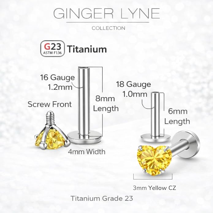 Titanium Heart CZ Labret Stud Earrings for Piercings by Ginger Lyne 6Pc Set G23 Screw Front Flat Back Body Jewelry 2 pair post 6mm, 8mm Cartilage, Helix, Tragus, Lip, Conch, Lobe