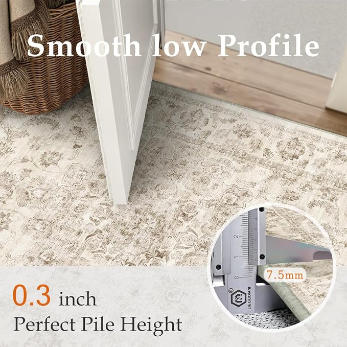 3x10 Beige Neutral Runner Rug | Washable, Non Slip, Soft Low Pile, Vintage Farmhouse, for Hallway Kitchen Laundry Bathroom Bedroom Living Room Home Decor