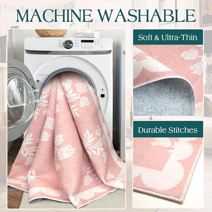 Non Slip Washable Kitchen Runner Rug - 2x8 Long Pink Hallway Runner Rugs Soft Boho Runners for Hallways Preppy Scalloped Area Rug for Bedroom Entryway Laundry Room Bathroom Foyer