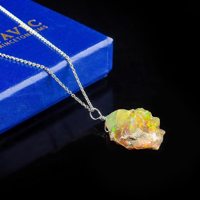 Raw Ethiopian Fir Opal Pendant Necklace for Women, Dainty Pendant, Handmade October Birthstone, Hypoallergenic Spiritual Healing Stone 925 Sterling Silver Chain 20" Birthday Gifts