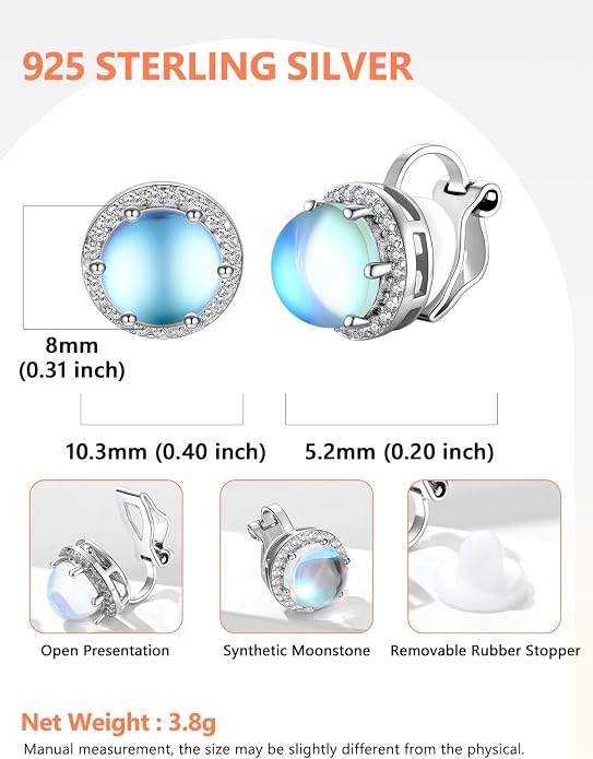 Silvora 925 Silver 8MM Cubic Zirconia Birthstone Clip On Stud Earrings Round Non Pierced Earrings For Women,Come with Box