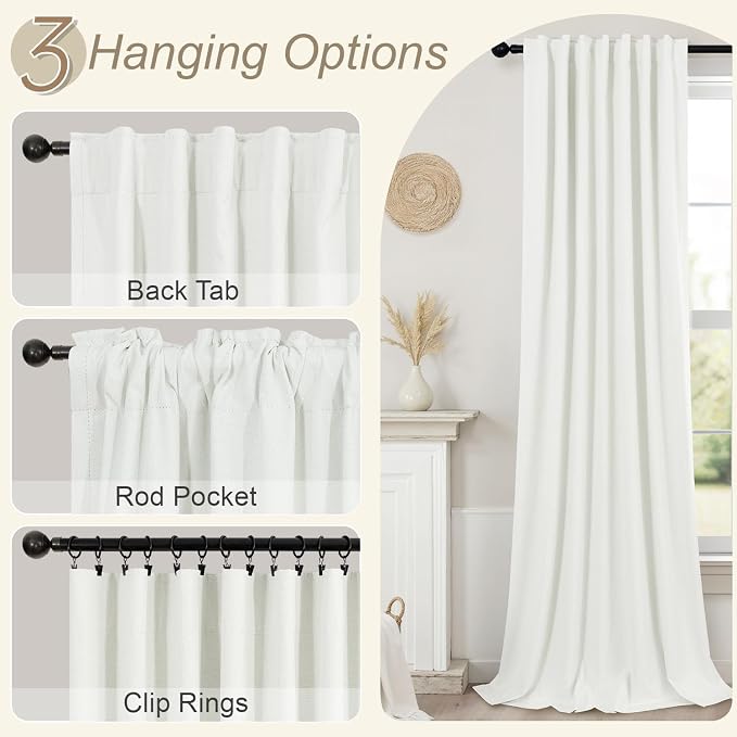 Living Room Curtains 84 Inches Long Faux Linen Darkening Curtain for Bedroom Boho Burlap Full Blackout Soundproof Thermal Insulated Drapes for Nursery Room Divider 52x84 Length 2 Panel Ivory Off White