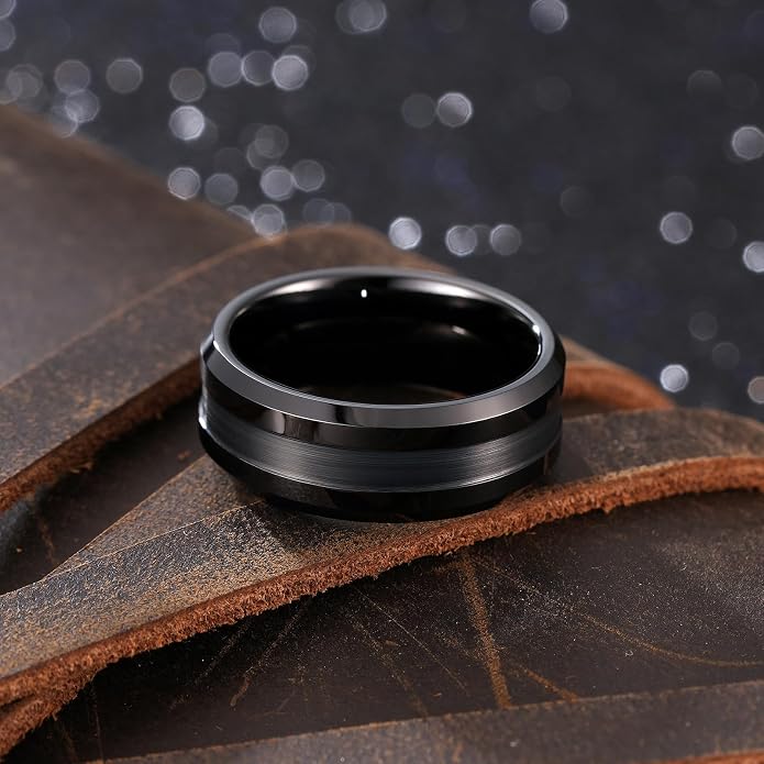 King Will Classic Tungsten Carbide Ring Brushed Two Grooved Center Hammered Design Mens Wedding Band for Men