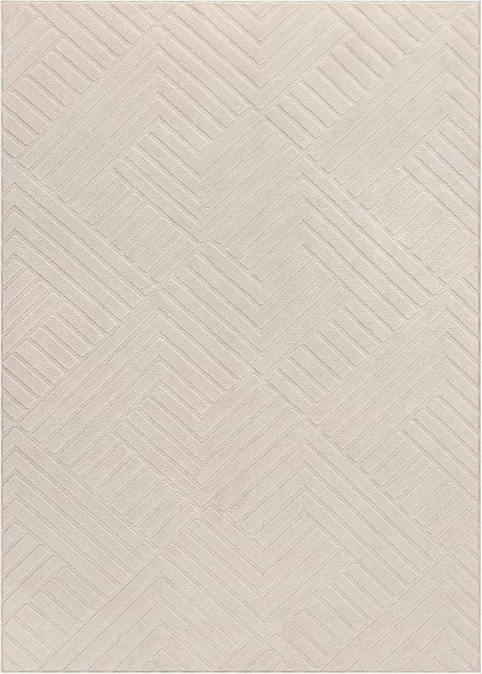 Bsmathom 5x7 Washable Area Rug, Boho Neutral Modern Soft Carpet Mat, Beige | Machine Washable, Low Pile Fluffy Plush, Non-slip, Geometric Textured, For Living Dining Kids Room Bedroom Indoor Dorm