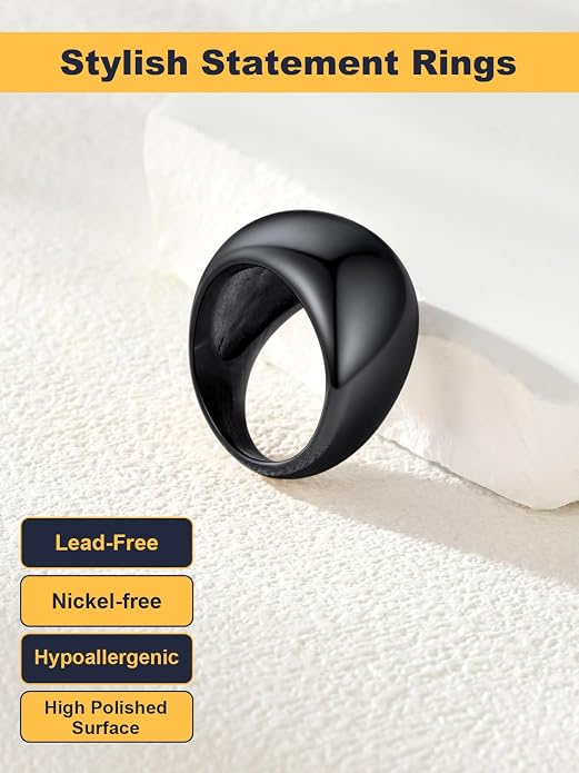 U7 Chunky Gold Dome Rings for Women, Stainless Steel/18KGold Plated/Black Statement Ring Non Tarnish Women Rings, Size 7-12