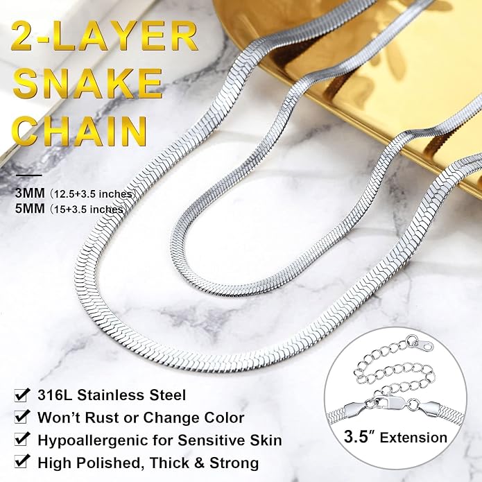 FOCALOOK 14K Gold Plated Necklaces for Women, Fashion Herringbone Choker Necklace Stainless Steel Flat Snake Chain 3/5MM(W) 12.5"/15"/18"+3.5"(L)