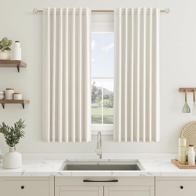 Guken 100% Blackout Linen Short Curtains for Bedroom 56 Inches Long Natural Cream Black Out Curtain Back Tab Thermal Insulated Room Darkening Window Drapes for Living Room 2 Panels Beige Ivory 52x56