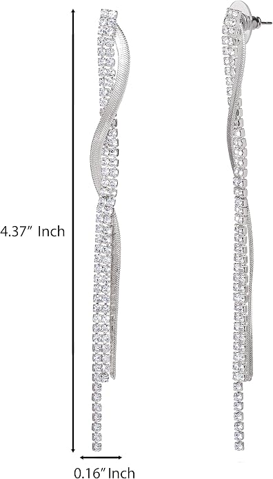 Jessica Simpson Long Silver Rhinestone Tassel Earrings for Women – Twisted Chain Fringe Dangle Earrings – Elegant Statement Jewelry