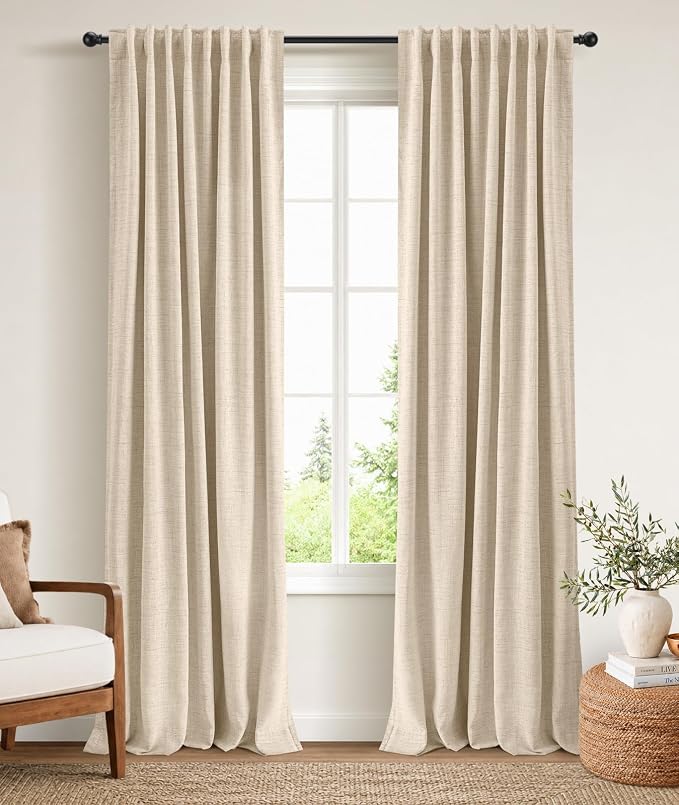 INOVADAY 100% Blackout Curtains 72 Inches Length 2 Panels Set, Back Tab/Rod Pocket Linen Black Out Curtains for Bedroom, Thermal Insulated Window Drapes - Oatmeal, W50 X L72