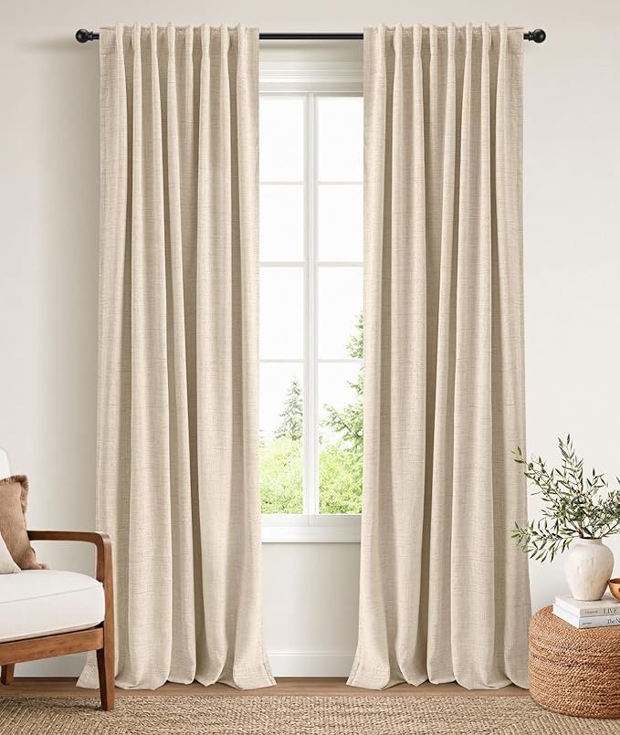 INOVADAY 100% Blackout Curtains 63 Inches Length 2 Panels Set, Back Tab/Rod Pocket Linen Black Out Curtains for Bedroom, Thermal Insulated Window Drapes - Oatmeal, W50 X L63