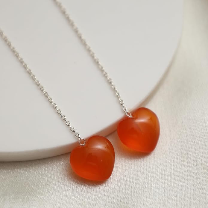Gemstone Heart Shaped Threader Earrings in 925 Sterling Silver, Pull Through Adjustable, Versatile & Trendy, Perfect Valentine's Gift for Women, Choice of Gemstone Available