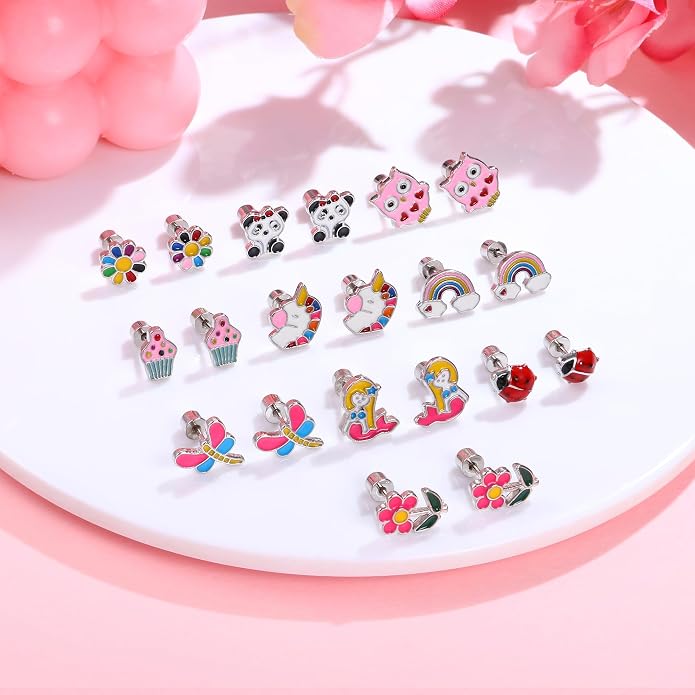 FASACCO 10Pairs Hypoallergenic Screw Back Earrings for Women Girls Stainless Steel CZ Heart Butterfly Ball Stud Earrings Multicolored Cat Rainbow Screwback Stud Earrings Set Over 3 Years Old