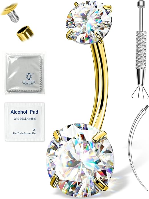 OUFER 14G G23 Titanium Moissanite Internally Threaded Belly Button Ring with Care Kit for Healing,D Color VVS1 Brilliant Cut Stones, Silver/18K Gold Plated Hypoallergenic Navel Piercing Jewelry for Women Men