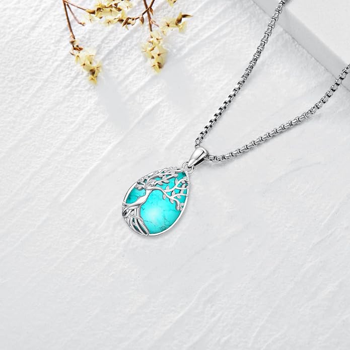 Turquoise/Amethyst/Moonstone/Black Onyx Tree of Life Necklace for Women Hummingbird Necklaces White Gold Plated Copper Jewelry