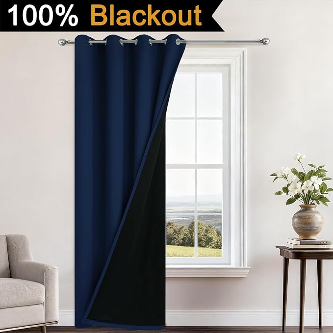 Yakamok Navy Blue Blackout Curtains 96" Long for Bedroom 52" Wide 1 Panel | Blackout Curtain Panels for Bedroom, 2 Thick Layers Grommet Top Thermal Insulated Drapes with Black Liner for Living Room
