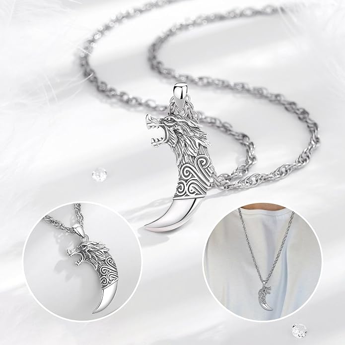 925 Sterling Silver Viking Wolf Mjolnir Necklace for Men Women, Viking Runes Wolf Tooth Witch Celtic Knot Amulet Protection Pendant Nordic Norse Mythology Jewelry Gift for Men Women