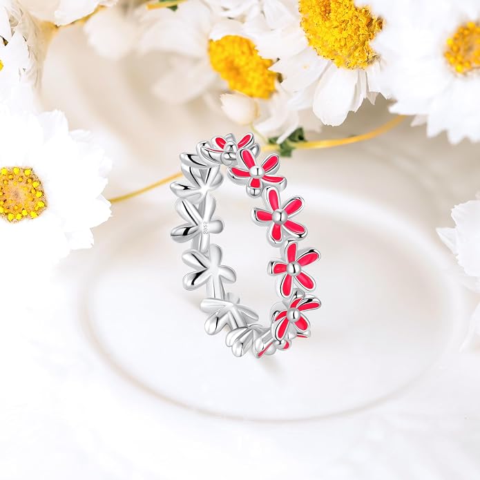 S925 Sterling Silver Dainty Daisy Flower Rings for Women, I Think Of You Every Daisy, 12 Month Birth Flower Ring