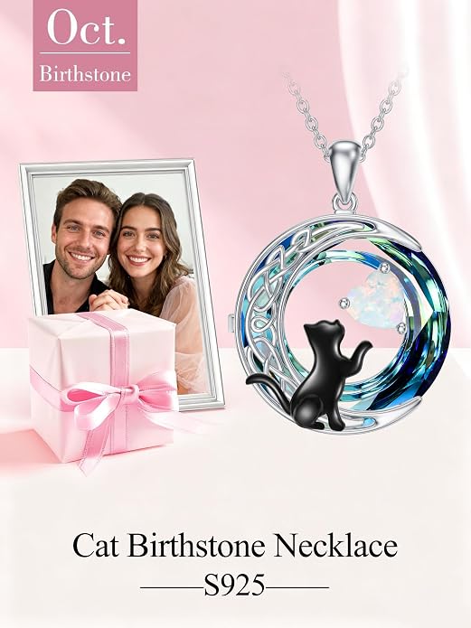 TOUPOP Cat Gifts for Cats Lovers 925 Sterling Silver Black Cat Necklace Celtic Moon Birthstone Jewelry for Women Anniversary Birthday Gift for Her Wife Mom