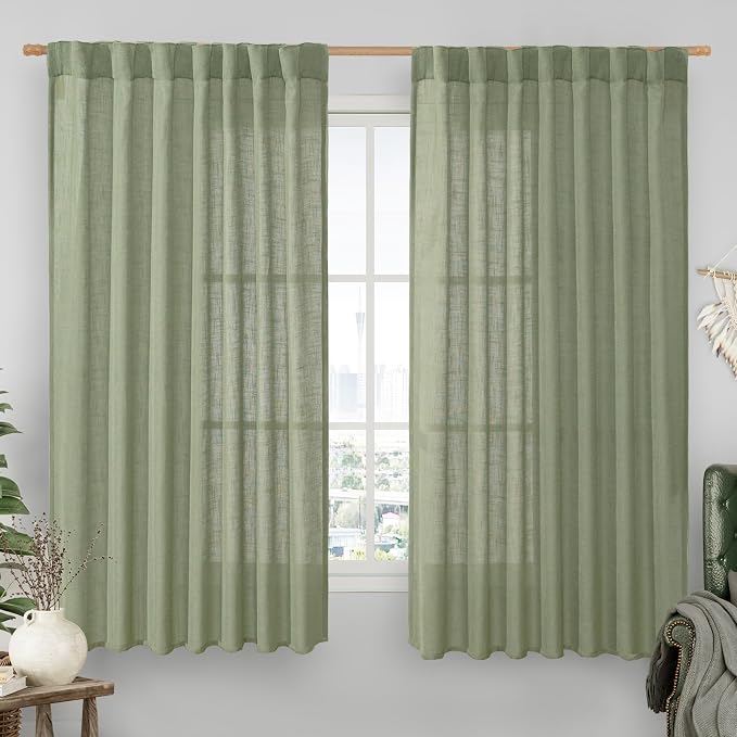 LAMIT Extra Wide Linen Curtains for Bedroom, Light Filtering Faux Linen Textured Panels Semi Sheer Back Tab and Rod Pocket Boho Drapes for Living Room/Farmhouse, 2 Panels, Sage Green, 60 x 63 Inch