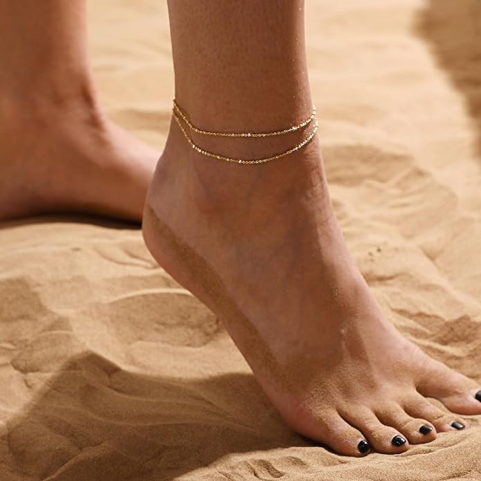 Rotnso Anklets for Women 14K Gold Silver Plated Ankle Bracelets Trendy Waterproof Boho Anklets Set Adjustable Dainty Cute Diamond Beaded Heart Non Tarnish Summer Beach Jewelry Gift
