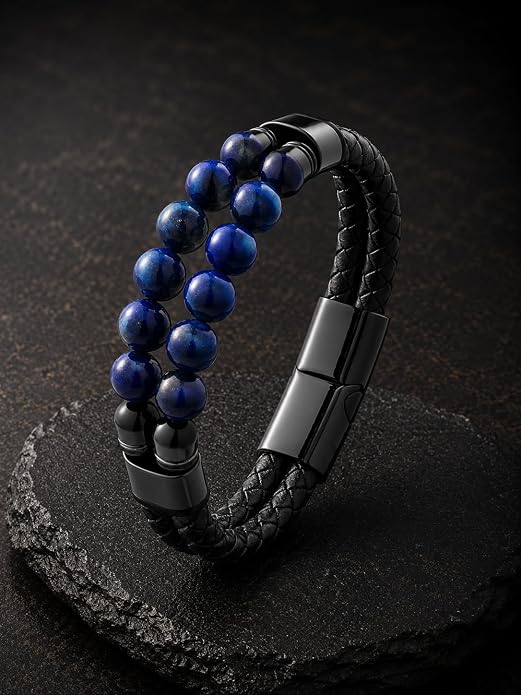 Black Braided Leather Bracelet for Men with Turquoise, Lapis Lazuli, Tiger Eye, Obsidian Stone Double-Row Wristband Beads with Stainless Steel Clasp Fashion Jewelry Gift for Him