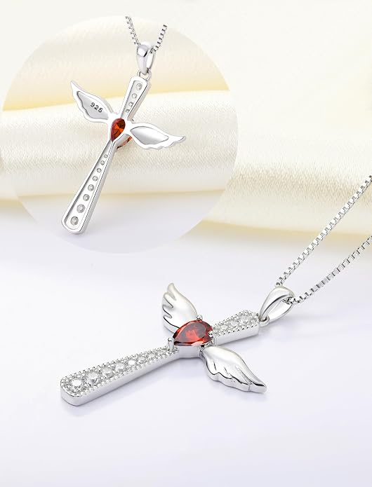 YL Cross Necklace 925 Sterling Silver Angel Wings Pendant Teardrop Birthstone Criss Jewelry for Women