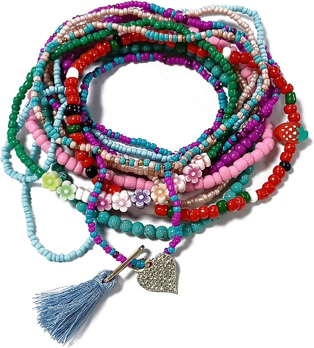 Caiyao 12 Pieces Colorful Elastic Beaded Anklets for Women Girls Handmade Beach Boho Colorful Beads Tassel Heart Flower Layered Anklets Set