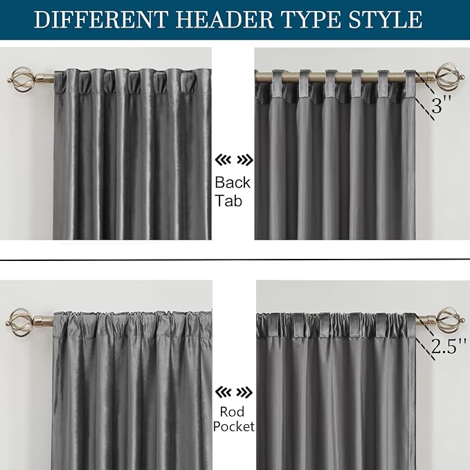 PRIMROSE Dark Grey Velvet Curtains 96 inch Long for Living Room,Set of 2 Panels Blackout Rod Pocket Back Tab Window Treatment Room Darkening Heavy Decorative Curtains Drapes for Bedroom