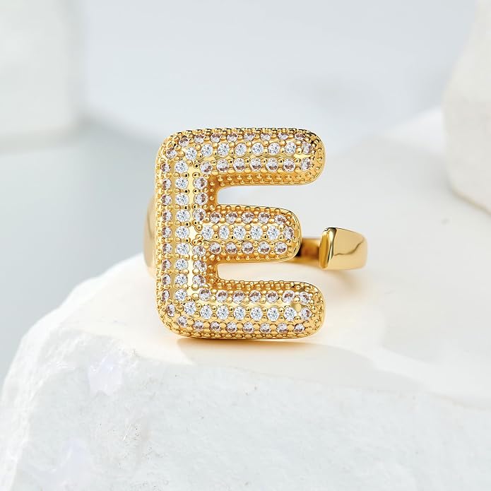 Cicy Bell Initial Rings for Women 14k Gold Plated Cubic Zirconia Delicate Letter Chunky Statement Open Rings Gifts for Her