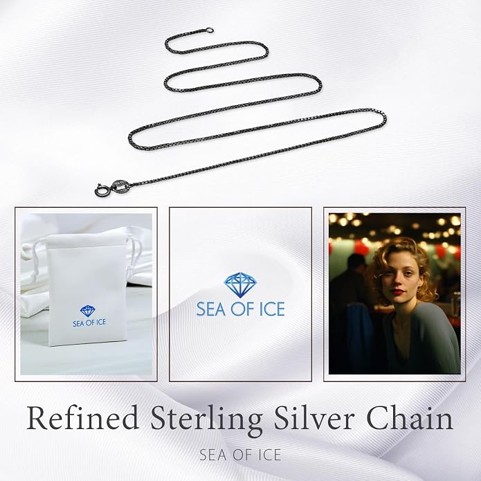 SEA OF ICE Chain Necklace 925 Sterling Silver with Ring Clasp Closure, Italian Box Necklace Chain Necklace for Women & Men, Available in Gold, Rose Gold, Silver, and Black Rhodium, Multisize