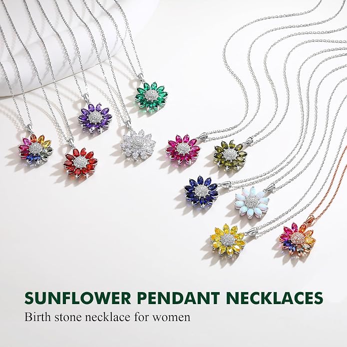 Dainty Sunflower Necklace 925 Sterling Silver Flower Pendant Necklaces for Women Birthstone Anniversary Jewelry