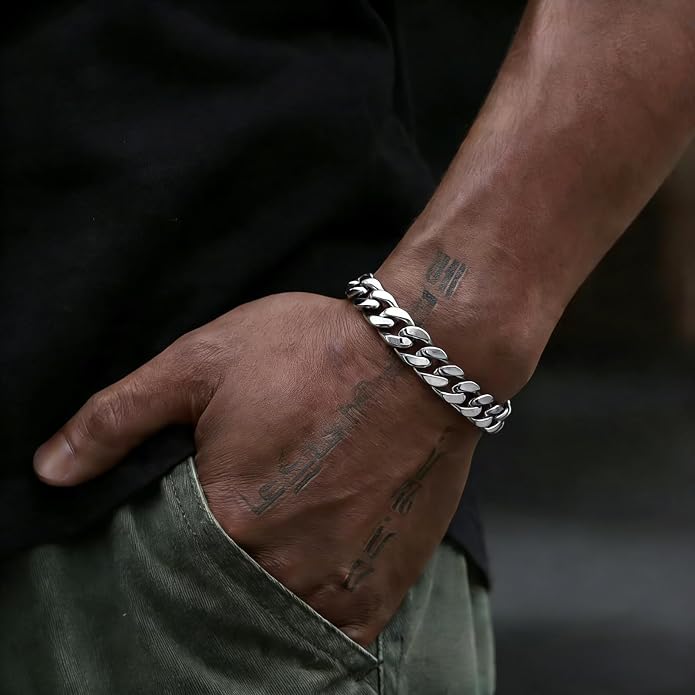 Stainless Steel Cuban Link Bracelet for Men - Gold/Silver Plated Miami Curb Chains Bracelet - Cuban Hand Chain Wrist Bracelet Hip Hop Jewelry, 9mm/11mm Width, 7.5"/8.3"/9"