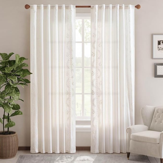 jinchan Floral Linen Curtains 84 Inch Farmhouse Back Tab 2 Panels White | Embroidered curtains,boho curtains,living room,bedroom,light filtering,privacy,flower patterned drapes,window treatment