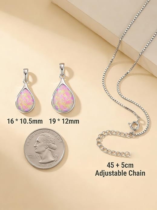 Teardrop Opal Necklace for Women - 925 Sterling Silver October Birthstone Pendant Necklace, Dainty Pear Shape Gemstone Jewelry Gif for Her, Adjustable Box Chain