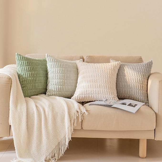 Softalker Throw Pillow Covers 18x18 Inch, Set of 4, Corduroy Soft Striped Boho Spring Pillow Cover, Modern Decorative Cushion Pillow Case for Couch Sofa Bedroom Living Room, Green/Grey