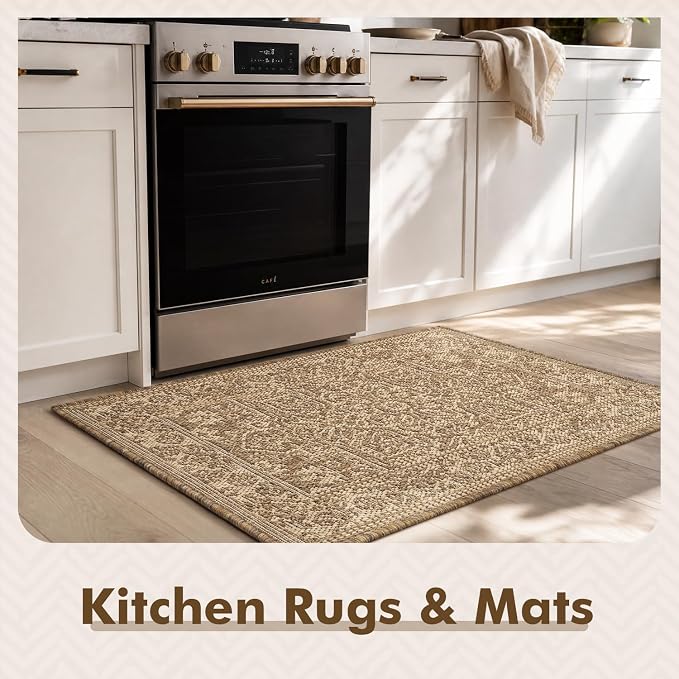 MontVoo-2x3 Outdoor Rug Porch Entryway Rug-Polypropylene Door Mat Indoor Outdoor Entrance Entry Rugs Kitchen Rugs, Textured Weave, Durable, Fade-Resistant, Non-Shedding, Vintage Neutral Brown