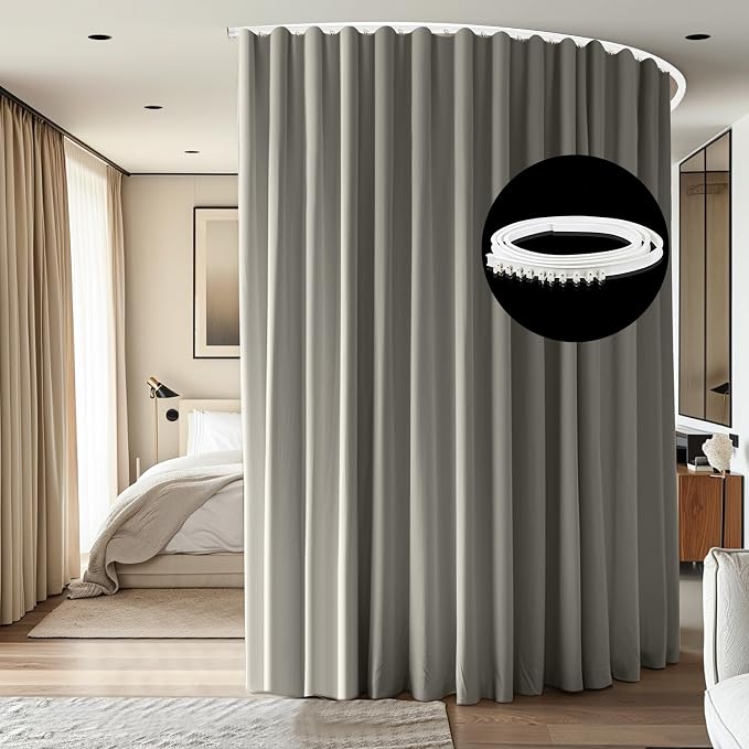 Room Divider Ceiling Mounted Curtains Track Sets Extra Wide Blackout Curtain Flexible Tracks for Bedroom Privacy Partition Separator, 1 Panel Light Grey Drape and White Rail, W15 x H8ft